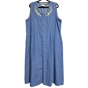 Stonybrook Denim Jumper Dress Women’s XL Cottagecore Embroidered Sleeveless Butt